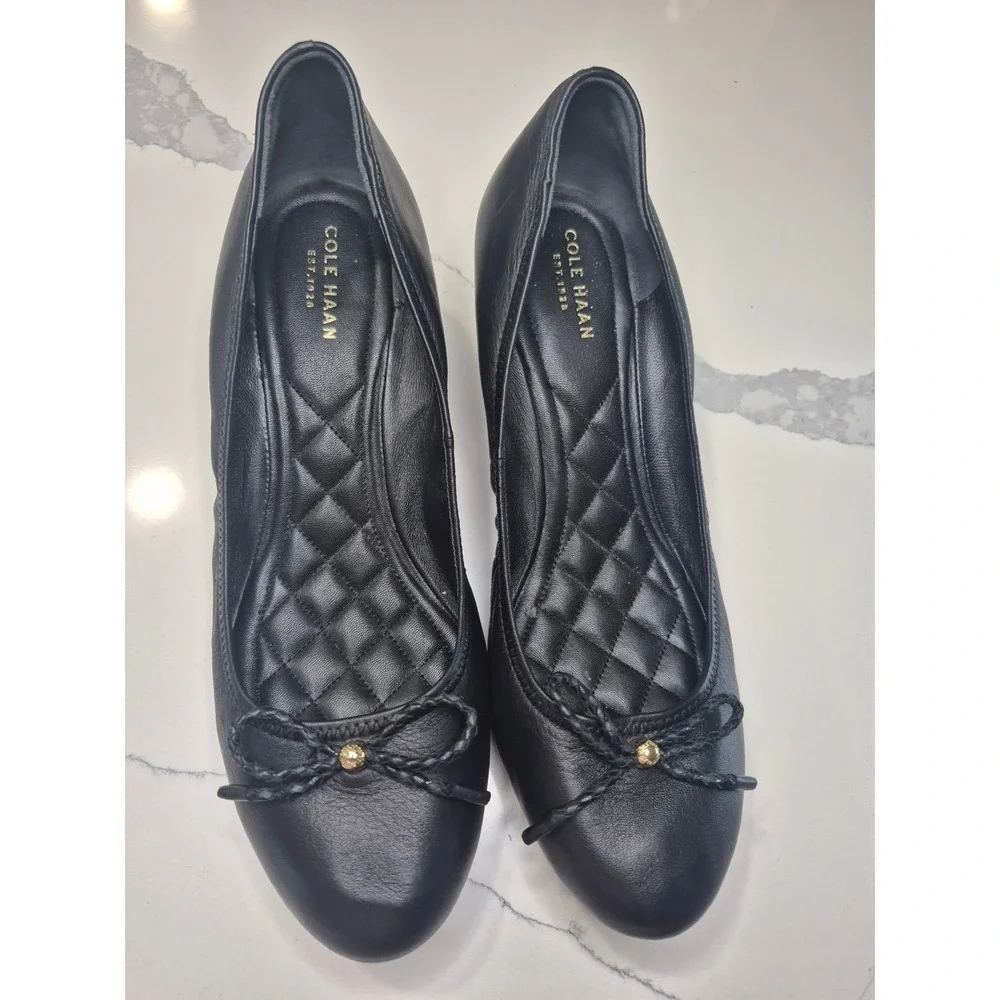 Cole Haan Grand.OS Women Black Leather Quilted Wedge Pumps Bow Detail Round Toe